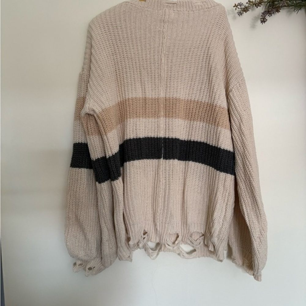 POL Oversized Distressed Stripe Knit Sweater Boho Cozy Large - Picture 3 of 5